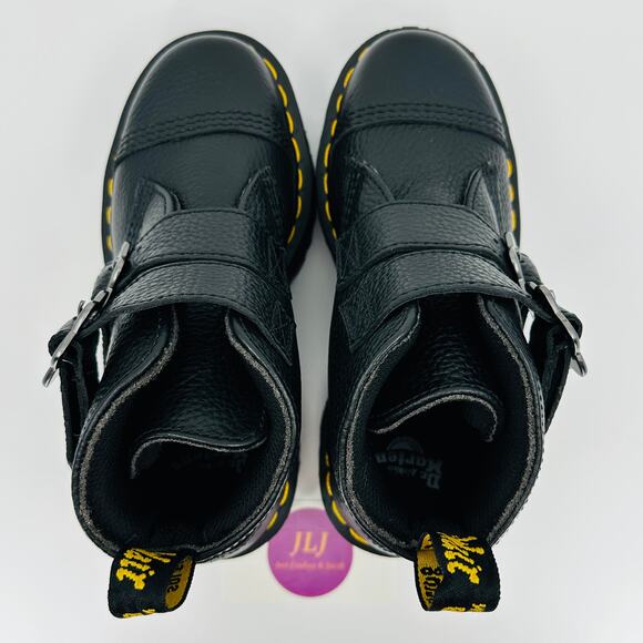 Dr. Martens Women's Devon Flower Buckle Black Leather Platform Boots Size 5 - Picture 9 of 11